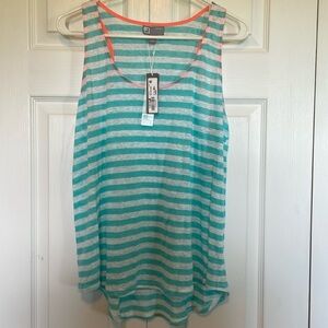 NWT JCP 100% linen tank top Aqua/white, orange trim racerback sheer yoga workout